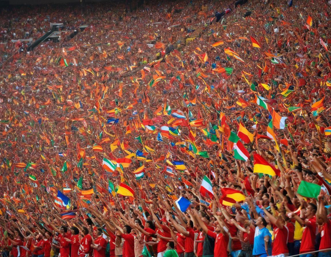 A vibrant stadium filled with passionate soccer supporters, waving flags and wearing colorful jerseys, captured in a moment of celebration. Surrounding them are screens displaying iconic soccer moments, creating a dynamic blend of live action and the electric atmosphere. Show a mix of diverse fans from different cultures expressing their unwavering spirit and support for their teams. Incorporate an atmosphere of joy and unity among the crowd. super-realistic. vibrant colors. dynamic composition.