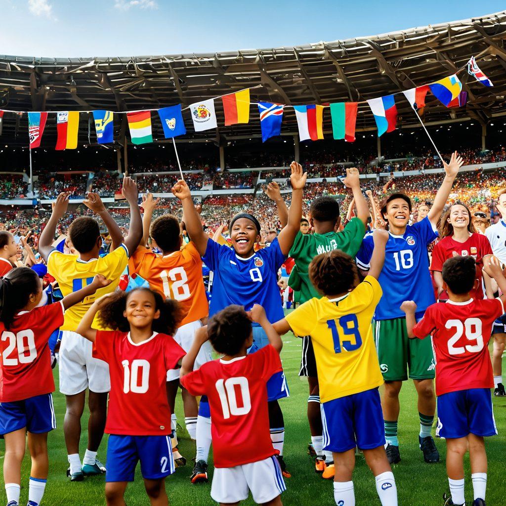 A vibrant stadium filled with diverse fans waving colorful flags, wearing jerseys, and cheering passionately for their teams. In the foreground, children play with a soccer ball, showcasing joy and friendship, while a group of adults share stories and laughter on the sidelines. Incorporate elements of unity and community through interconnected hands and hearts depicted in the background. vibrant colors. super-realistic.