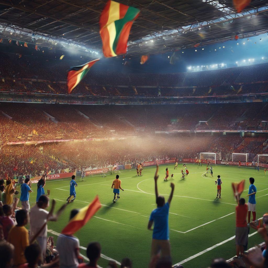 A bustling stadium filled with diverse fans, passionately celebrating a football match, with flags waving and vibrant cheers echoing. In the foreground, a community gathering showcases children playing football, embodying unity and joy. Dynamic lighting captures the excitement and energy of the game, while the background features a harmonious blend of colors representing different cultures. super-realistic. vibrant colors. 3D.